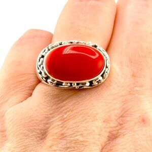 Vintage Sterling Silver Red Enamel Filigree Ring Sz. 8.5 Signed ALF Statement